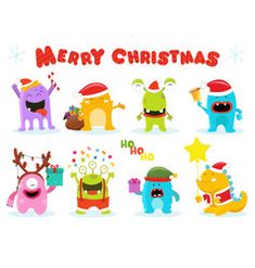 a group of cartoon characters wearing christmas hats and holding presents in their hands, with the words merry christmas written above them