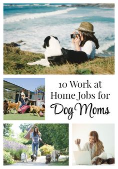 the words work at home jobs for dog moms are shown in four different pictures