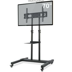 a tv stand with a flat screen on it's top and wheels to the side