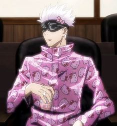 an anime character sitting in a chair with hello kitty on it's shirt and pink hair