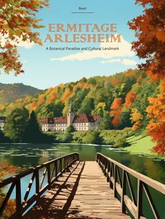 the cover of an illustrated book with a bridge leading to a castle and trees in autumn