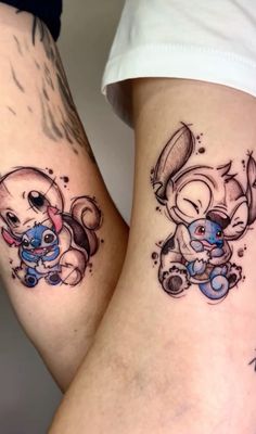 two tattoos on the legs of women with cartoon characters painted on their bodies and feet