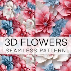 3d flowers seamless pattern in red, white and blue colors with text overlay