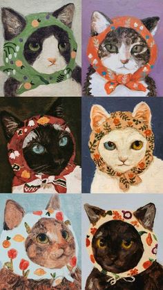 four different colored pictures of cats wearing hats and scarves with flowers on their heads