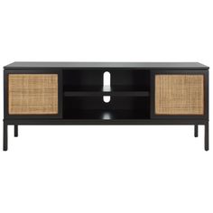 an entertainment unit with wicker doors and black finish on the front, side view