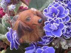 a close up of a stuffed animal with flowers in the background