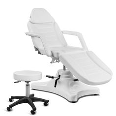 Our hydraulic facial bed features a 450lb rated base, completely flat recline, removable armrests, face hole / headrest, spring loaded back and foot adjustments, and matching tech stool. Available in Black and White. Note: The highest adjustment position is as pictured; the bed does not adjust to be fully upright. White Lash Room, Black And White Lash Room, Facial Bed, Minerva Beauty, Salon Styling Chairs, Skin Care Supplies, Face In Hole, Reception Sofa, Massage Equipment