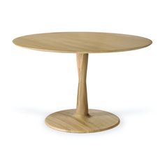 a round wooden table with two legs and a circular base, on a white background