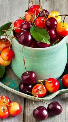 some cherries are in a bowl on a table