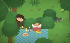 a monkey sitting at a picnic table in the woods