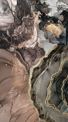 an abstract painting with different colors and shapes on it's surface, including black, gray, gold, and white