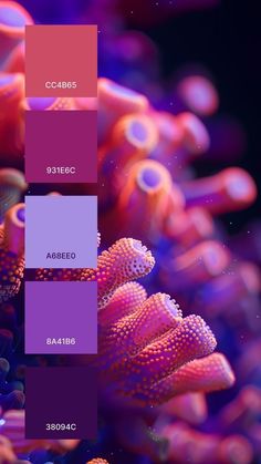 the color palette is purple, pink and blue with corals on it in an underwater scene