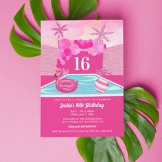 a pink flamingo pool birthday party card with palm leaves on the side and an inflatable balloon floating over it