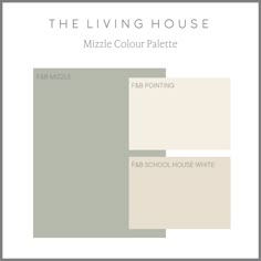 the living house color palette is shown in shades of green, white and gray with text that