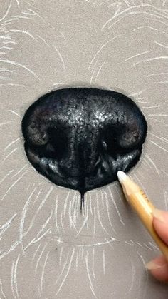 a dog's nose has been drawn with chalk and is being held by a pencil