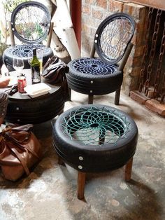 four different chairs and tables made out of old tires