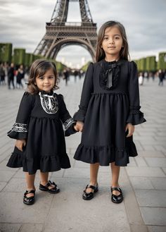 ✿ABOUT THIS DRESS ✓Our handmade elegant dress is made of black gabardine fabric and has lace details with 2 different color options (black or white).  ✓The bottom layer of the dress has a 100% cotton lining and keeps your little one comfortable.  ✿FABRIC INFORMATION ✓ Natural cotton lining 100% underskirt, gabardine, and lace detail. ✓ The color of your item may vary slightly from what you see on your screen because all monitors display colors differently. ✿SIZES ✓Please check our size diagram o Black Long Sleeve Dress With Lace Collar, Chic Black Dress With Lace Collar, Chic Black Dress For Dress-up, Ruffled Black Dress, Black Dress Long Sleeve, Black Dress Long, Gabardine Fabric, Black Ruffle Dress, Black Look