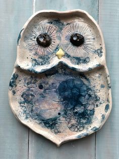 an owl shaped dish with eyes on it