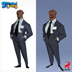 an animated man in a suit and tie standing next to another cartoon character wearing a name tag