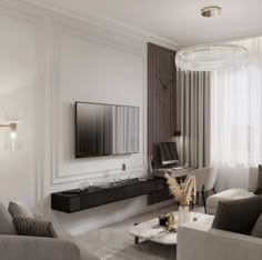 a living room filled with furniture and a flat screen tv mounted on the wall above it