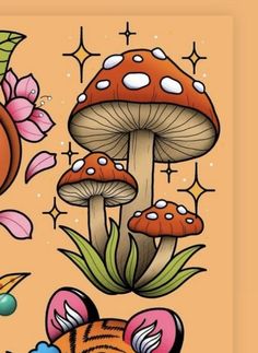 Neo Trad Mushroom Tattoo, Amanita Mushroom Tattoo, Mushroom Flash Art, Cute Mushroom Tattoos, Mushroom Flash Tattoo, Toadstool Drawing, Purse Painting