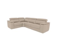 a beige leather sectional sofa with two recliners on the back and one arm facing forward