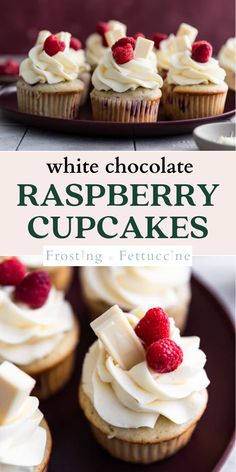 white chocolate raspberry cupcakes with frosting and raspberries on top