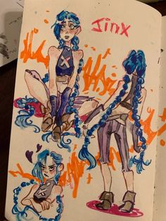 an open book with drawings of girls on the pages and writing underneath it that says zinx