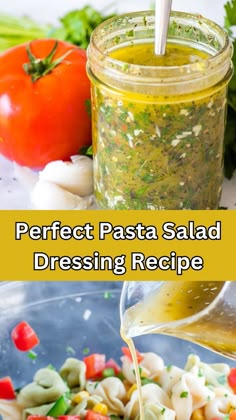 the pasta salad is being drizzled with pesto and dressing in a jar