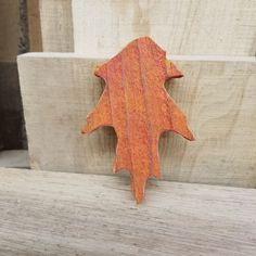 an orange maple leaf sitting on top of a piece of wood