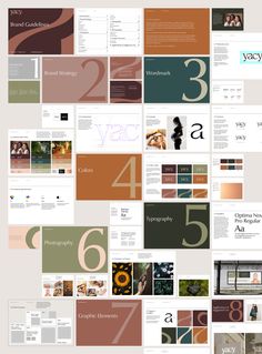 a bunch of different types of brochures with numbers and images on them, all in various colors