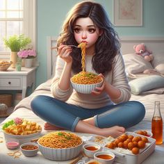 a painting of a woman eating spaghetti with chopsticks in her mouth while sitting on the bed