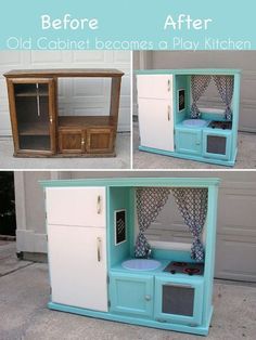 an old cabinet becomes a play kitchen for the kids to use it as a toy house