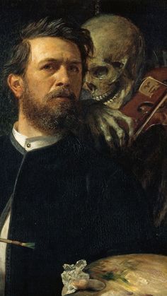 a painting of a man with a violin in his hand next to a skeleton holding a paintbrush