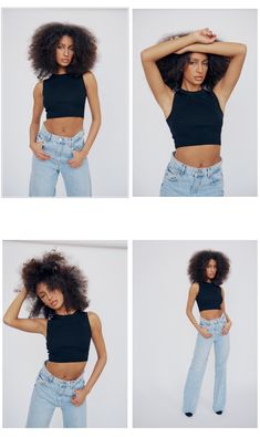 four different pictures of a woman with curly hair wearing jeans and crop tops, standing in front of a white background