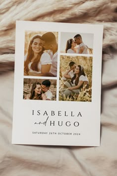 a wedding photo book with four photos on it sitting on top of a furnishing