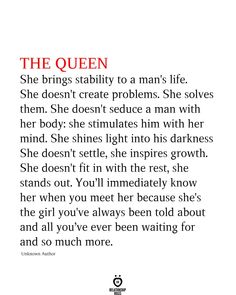 the queen quote on white paper with red and black text, which reads she brings ability to man's life