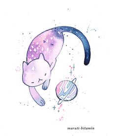 a watercolor drawing of a cat sleeping next to an object