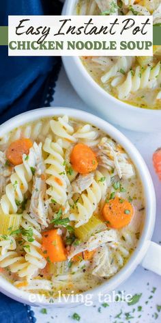 two bowls of chicken noodle soup with carrots and parsley on the side