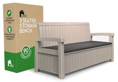 a wooden bench next to a cardboard box for the 3 seat storage bench on display