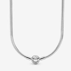 This sleek snake chain necklace is a sophisticated staple for your Pandora collection. Available in a choice of lengths, it is crafted in sterling silver and finished with an embossed ball clasp. Wear your Pandora necklace unadorned for simple elegance or create a unique look with your personal edit of charms. Complete your styling with some sparkling silicone-lined Pandora clips, a glamorous way arrange and secure your charms. - Pandora Moments Snake Chain Necklace - Sterling silver - Sz. 19.7 Pandora Necklace Ideas, Pandora Clips, Charms Disney, Pandora Essence, Sterling Silver Charm Necklace, Pandora Collection, Silver Charm Necklace, Pandora Necklace, Charms Pandora