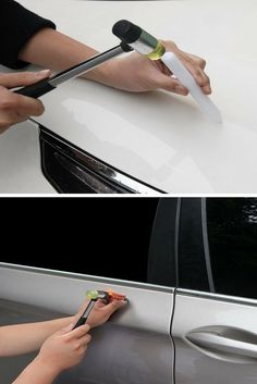 two pictures of someone using scissors to paint the hood of a car and another person holding a knife in their hand