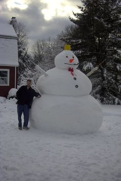 a man standing next to a snowman in front of a house