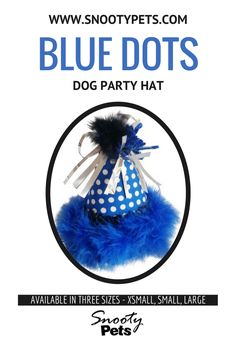 blue dots dog party hat with black and white polka dot on the top, attached to a