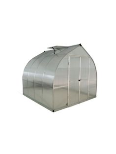 a large metal greenhouse with two doors and no windows on the side, in front of a white background