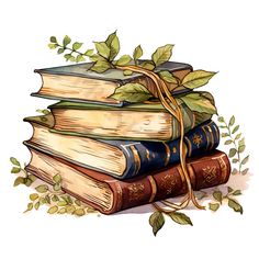 three books stacked on top of each other with leaves growing out of the tops and bottom