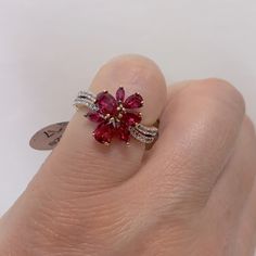 New With Tag Unknown Brand Yellow Gold Filled Ring Size 7 Gorgeous Ring Unfortunately Too Tide For My Hands Lab Ruby Flower Form With Various Shape Raspberry Red Hue Stones White Cz Stones Over Both Sides Wave Line Low Profile, Won’t Snug Your Clothes Please See Pictures For Details!!!! This Ring Might Tarnish, But Can Be Easy Cleaned/ Wiped By Soft Flannel Or Wool Fabric Box Included Reasonable Offers Are Welcome Smoke Free Home Next Day Shipping Red Ruby Flower-shaped Ring, Red Ruby Flower Shaped Ring, Red Flower-shaped Promise Ring, Red Flower Shaped Ruby Ring For Formal Occasions, Red Flower Ruby Ring For Formal Occasions, Red Flower Ruby Ring For Formal Events, Formal Red Flower Ruby Ring, Red Flower-shaped Anniversary Ring, Formal Red Flower Ring