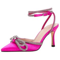 a pink high heeled shoe with an embellished bow on the front and ankle