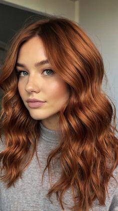 Copper Balayage Waves ☀️ Copper Hair For Fair Cool Skin, Hair Ideas For Blue Eyes And Fair Skin, Dark Red Blonde Balayage, Strawberry Blonde And Brown Hair, Copper Hair Neutral Skin Tone, Copper Hair With Pink, Copper Hair Medium Length, Short Hair Copper Balayage