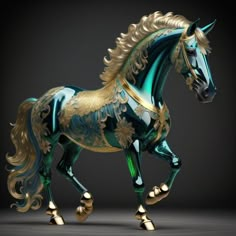 a green and gold horse is standing on its hind legs